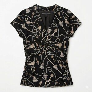 White House Black Market WHBM Womens Medium Key & Tassel Print V-Neck Top